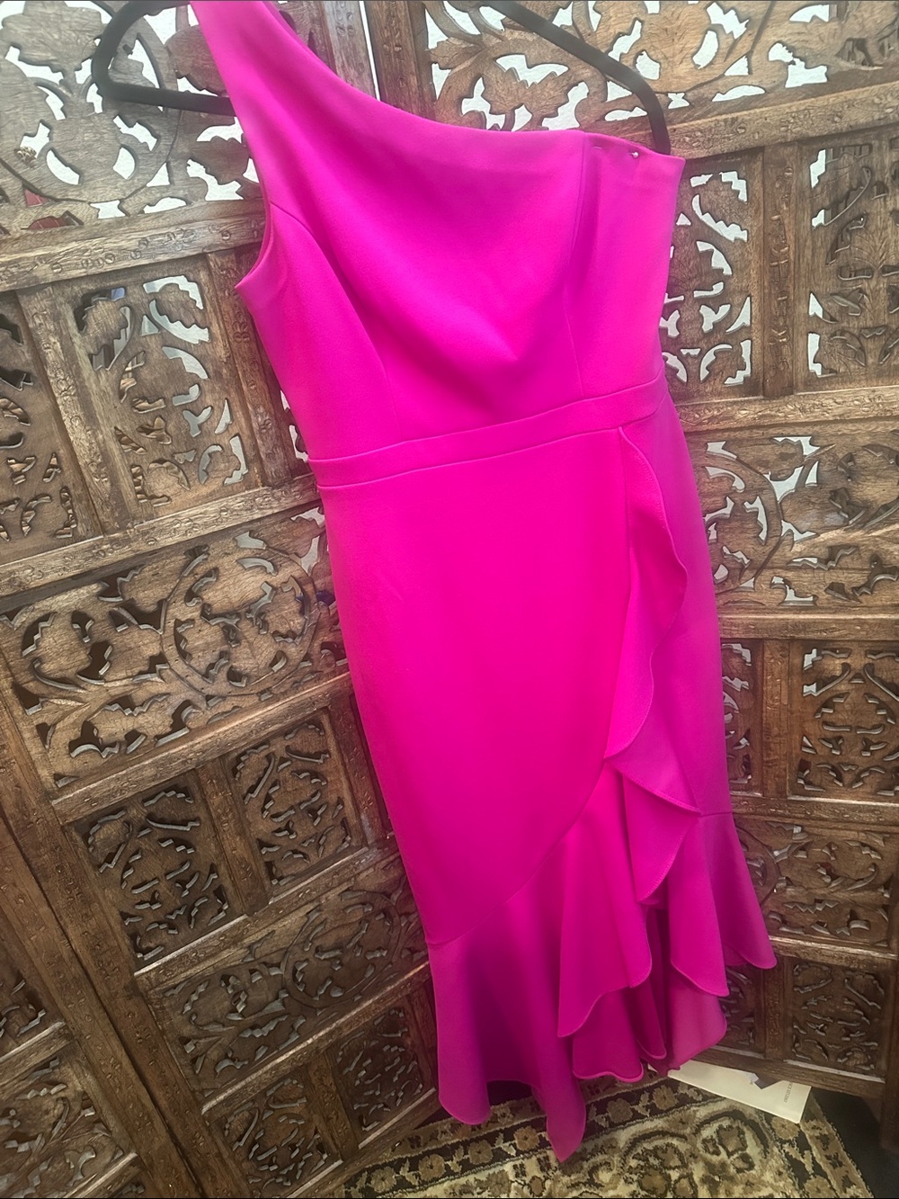 Xscape One-Shoulder Ruffle Sheath Dress in Fuchsia